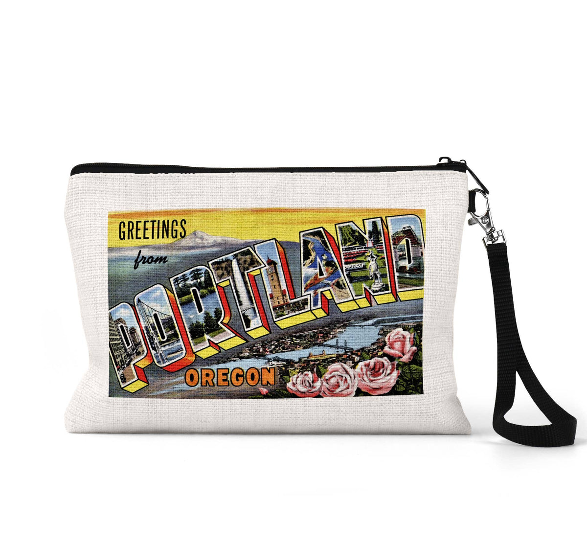 Portland Oregon vintage postcard wristlet travel pouch