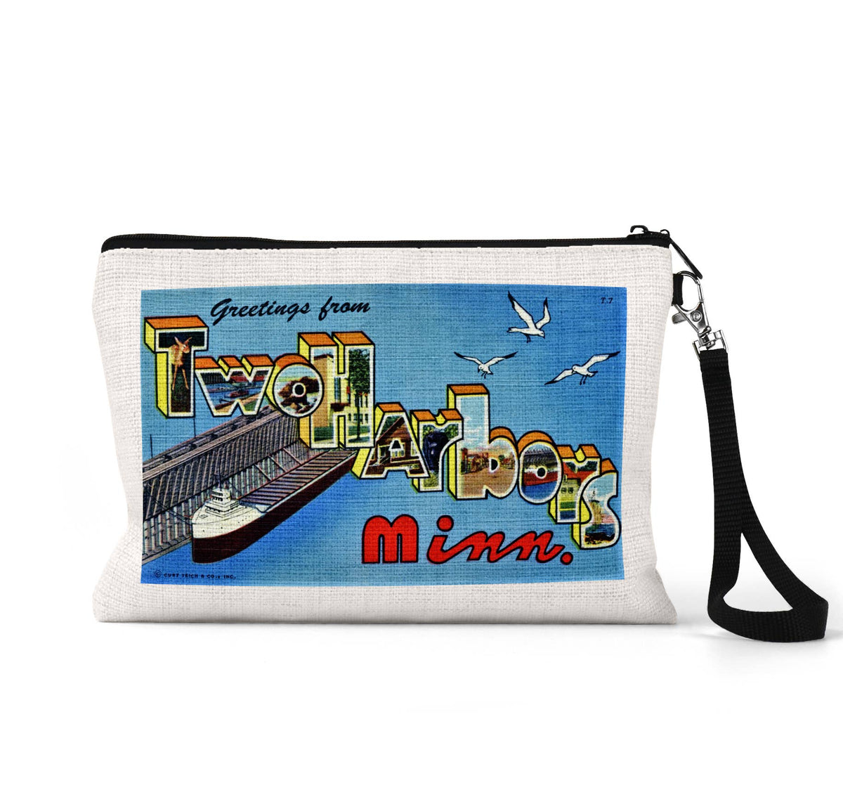 Two Harbors Minnesota vintage postcard wristlet travel pouch