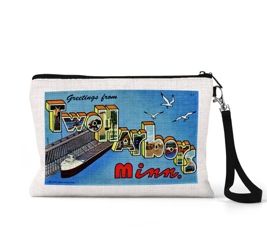 Two Harbors Minnesota vintage postcard wristlet travel pouch