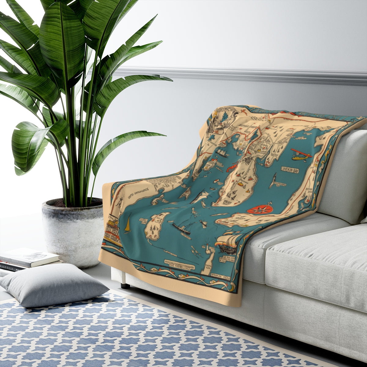 Boothbay Harbor, Maine Map Sherpa Fleece Blanket | Cozy Travel Throw