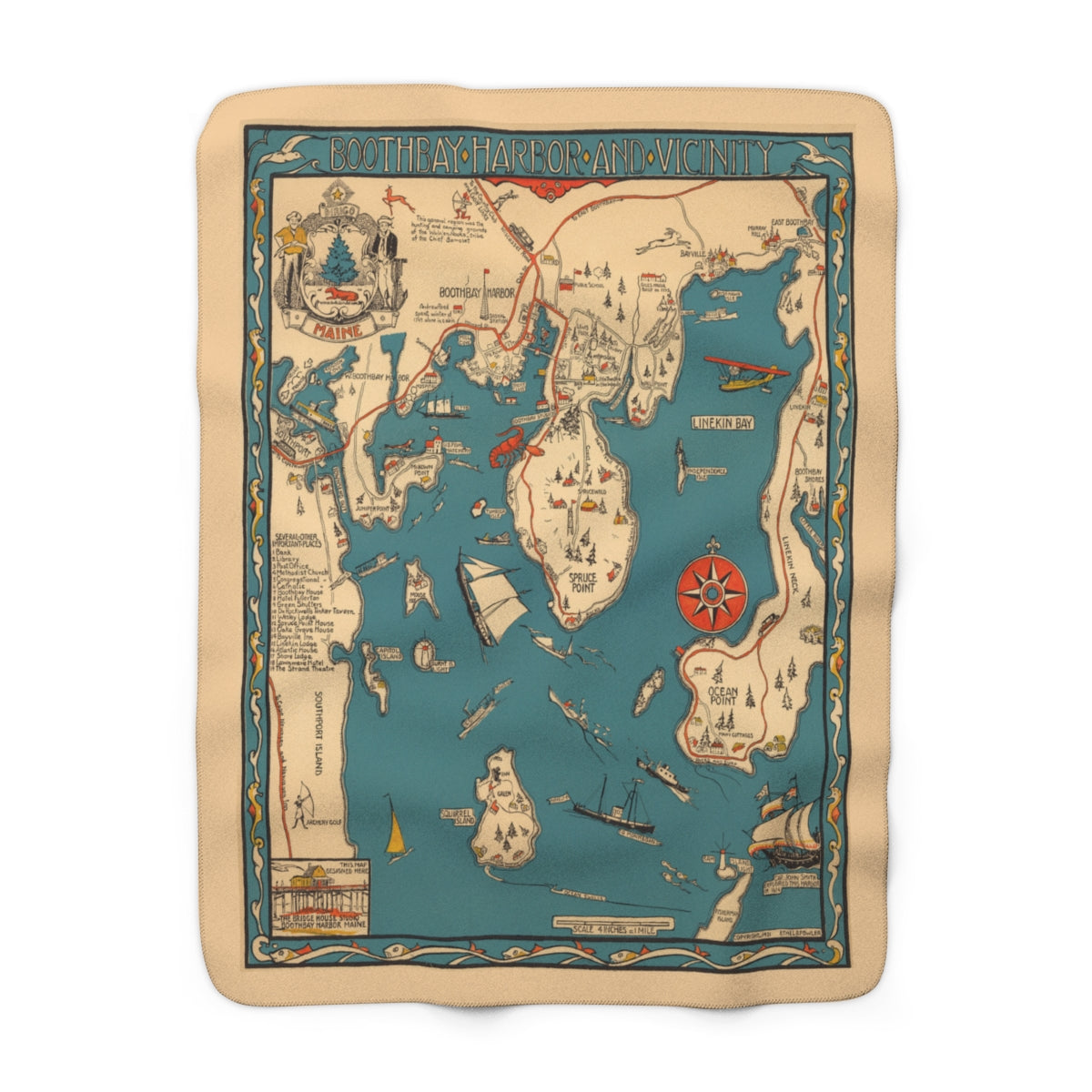 Boothbay Harbor, Maine Map Sherpa Fleece Blanket | Cozy Travel Throw