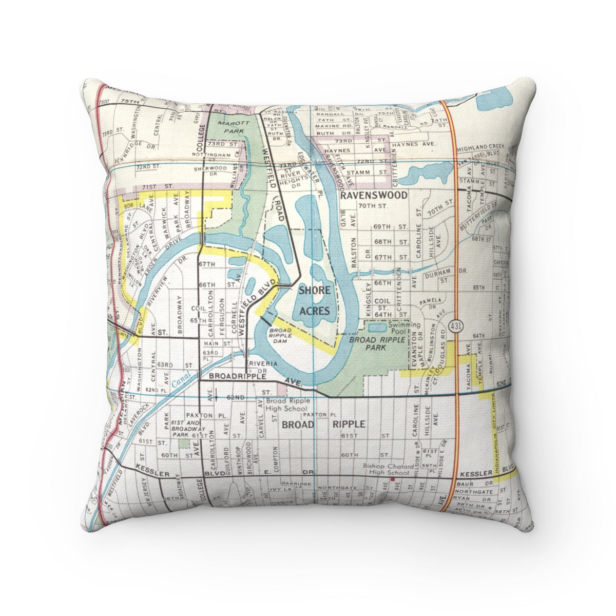 Broad Ripple Indianapolis vintage map pillow