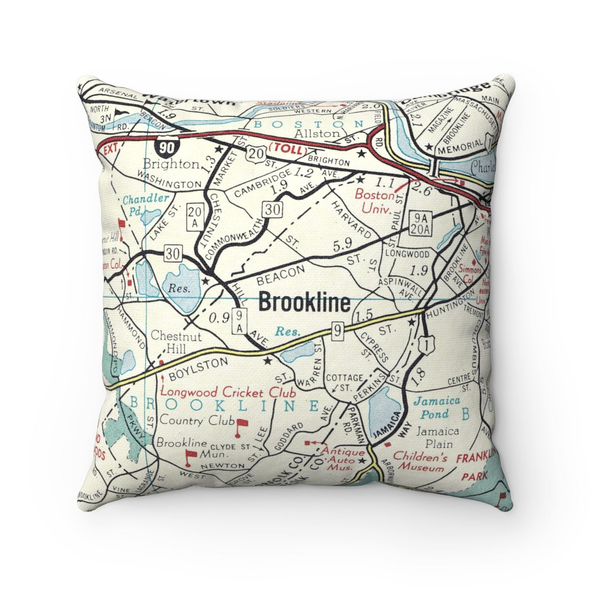 Brookline Massachusetts vintage map pillow