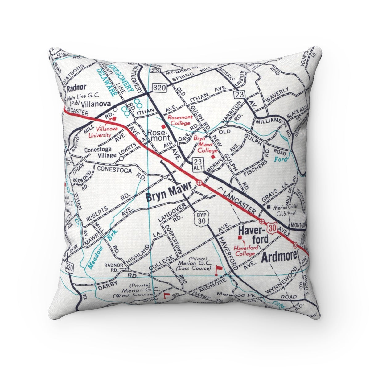 Bryn Mawr Pennsylvania vintage map pillow