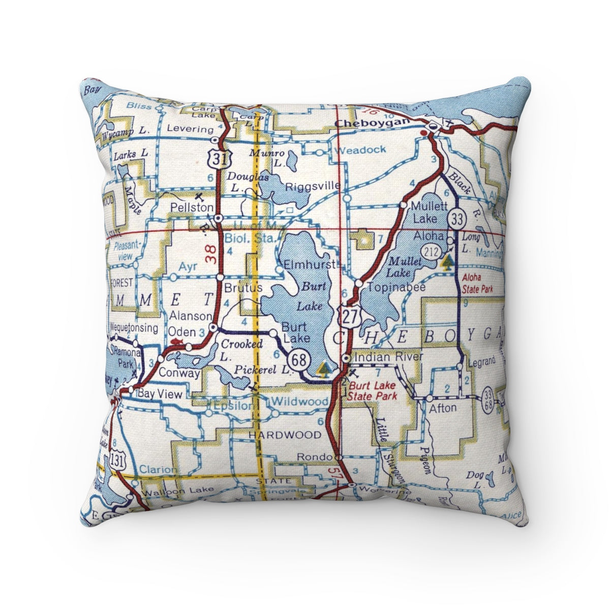 Burt Lake Michigan vintage map pillow