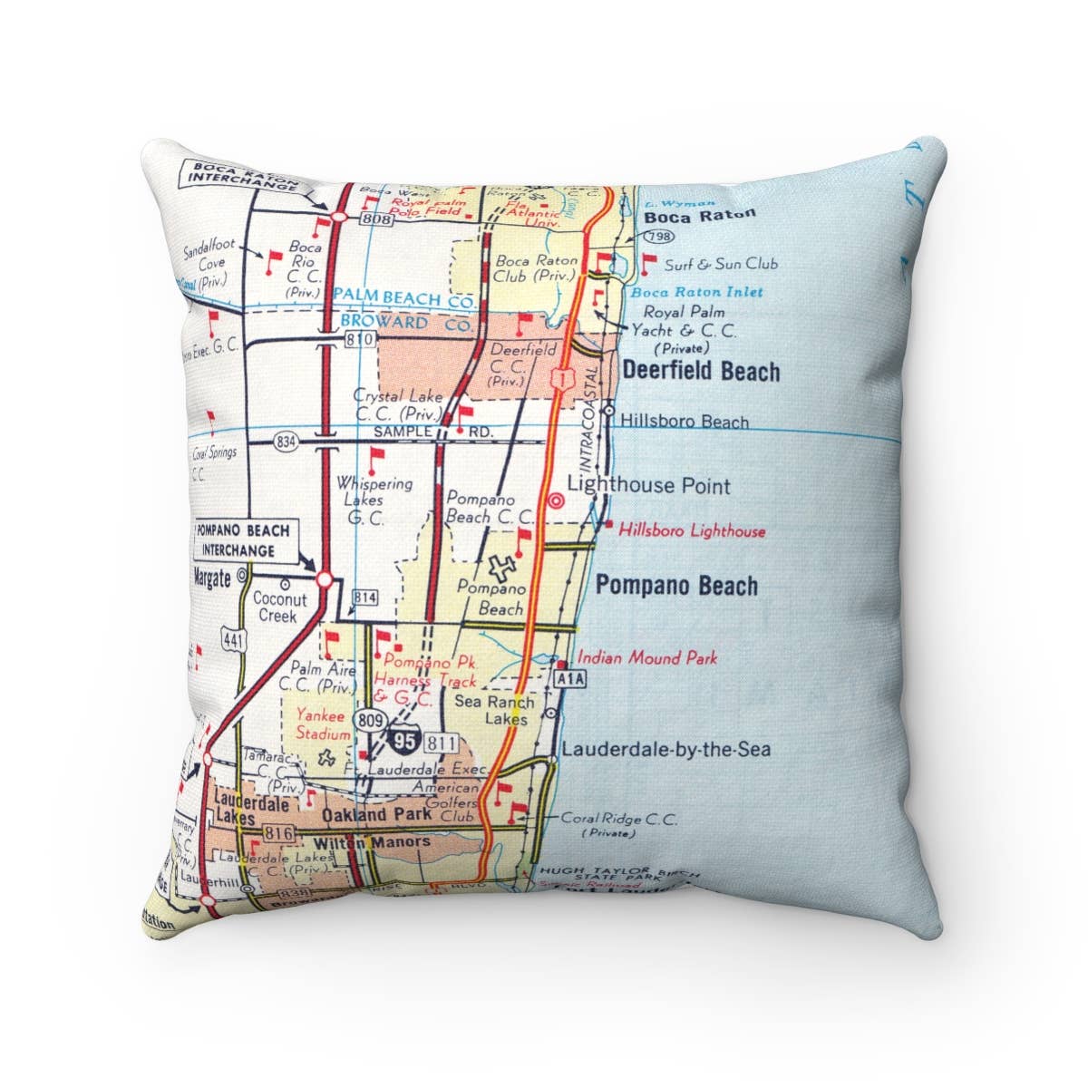 Lighthouse Point Florida vintage map throw pillow