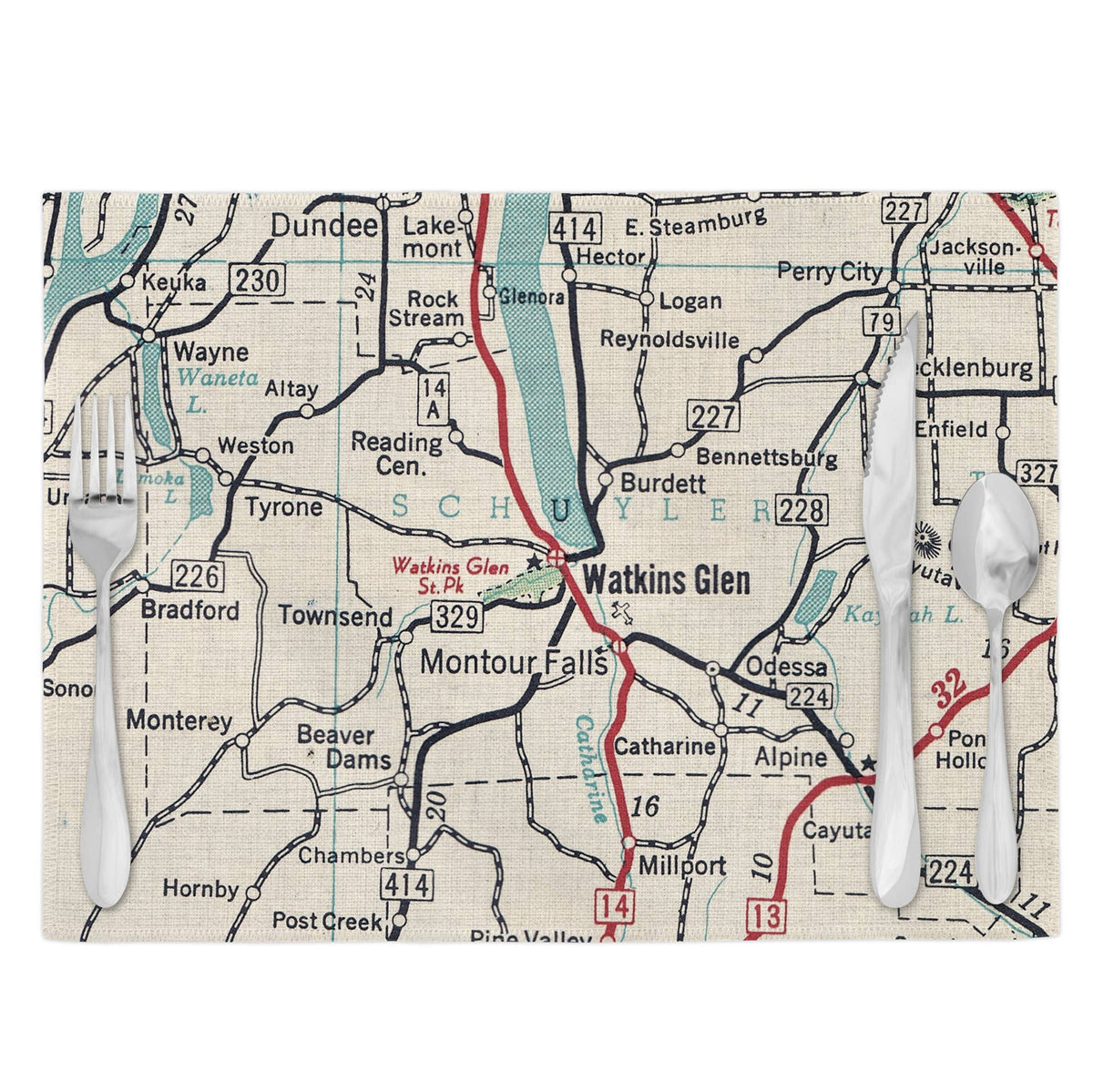 Watkins Glen New York vintage map placemats set of 4