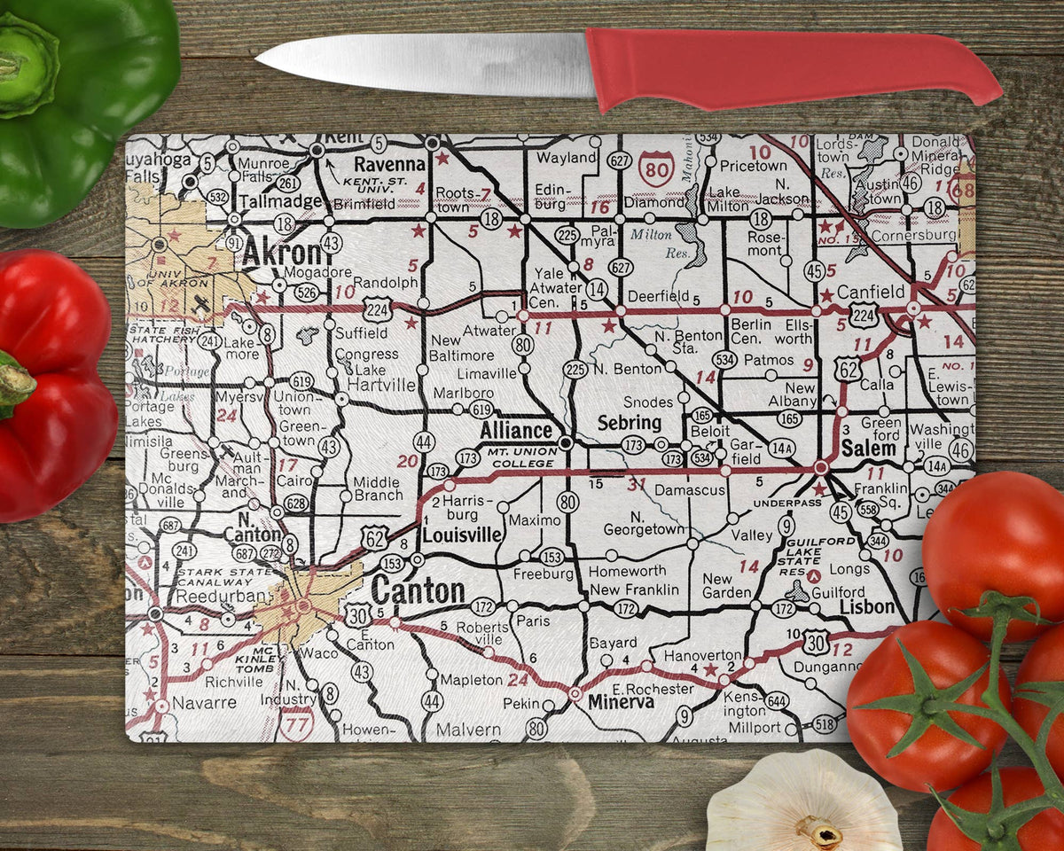 Alliance Ohio vintage map glass cutting board
