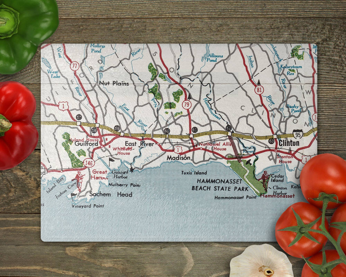 Madison Connecticut vintage map glass cutting board