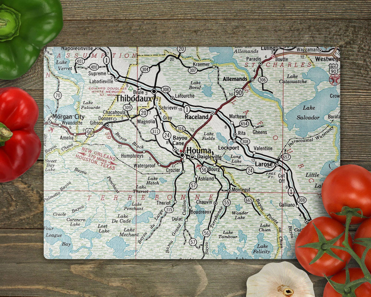Houma Louisiana vintage map glass cutting board