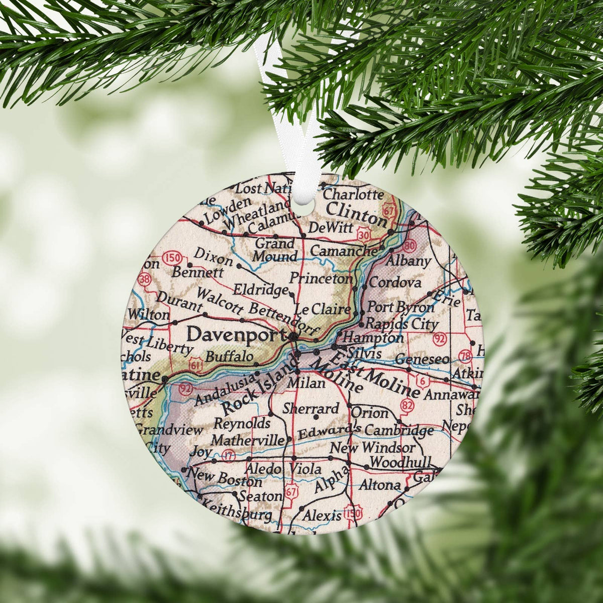 Quad Cities vintage map Christmas ornament
