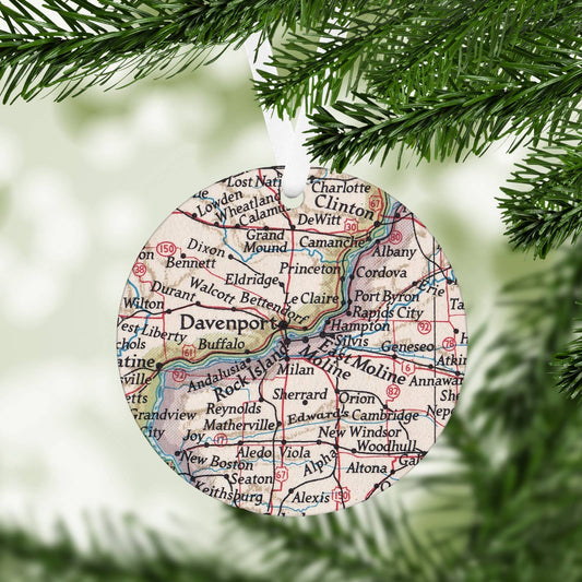 Quad Cities vintage map Christmas ornament