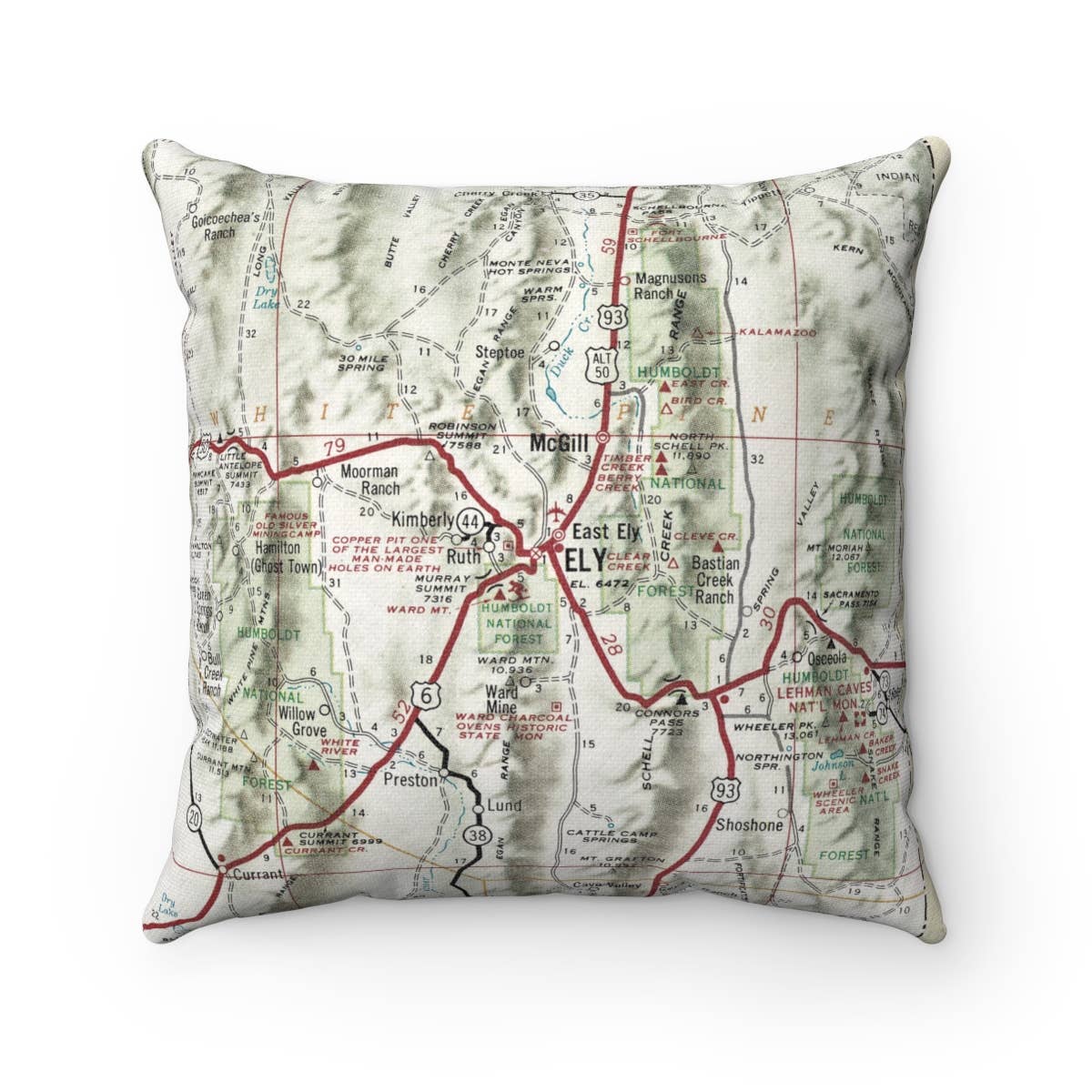 Ely Nevada vintage map throw pillow