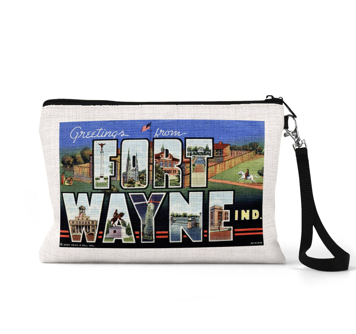 Fort Wayne Indiana vintage postcard wristlet travel pouch