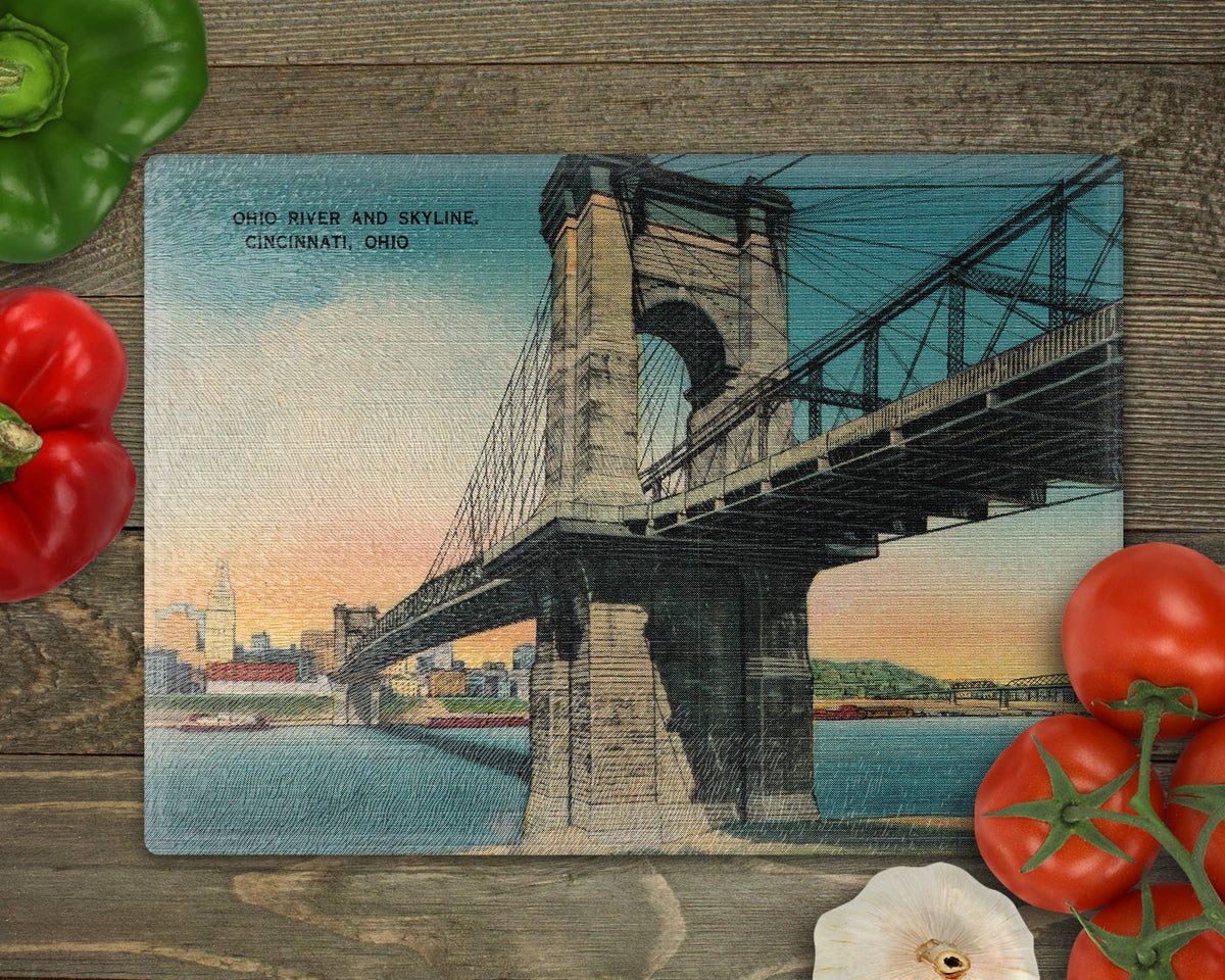 Roebling Bridge Cincinnati vintage map glass cutting board
