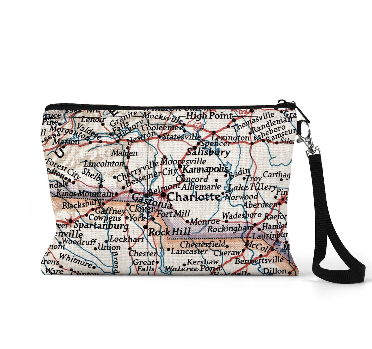 Charlotte North Carolina map wristlet travel pouch