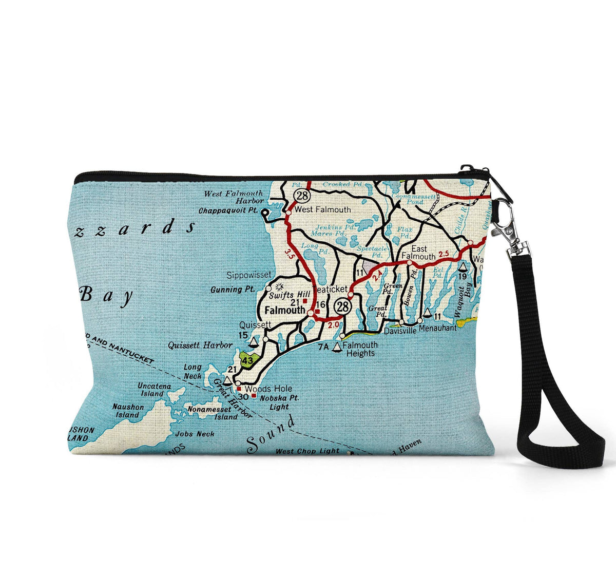 Falmouth Massachusetts map wristlet travel pouch
