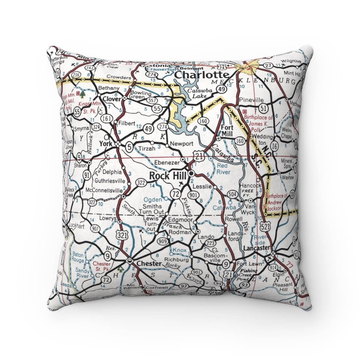 Rock Hill South Carolina vintage map throw pillow