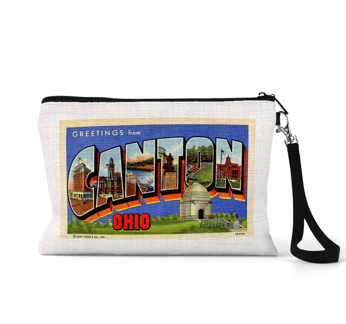 Canton Ohio vintage postcard wristlet travel pouch