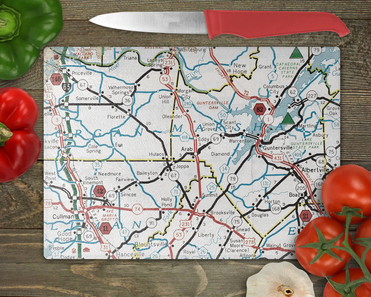 Arab Alabama vintage map glass cutting board