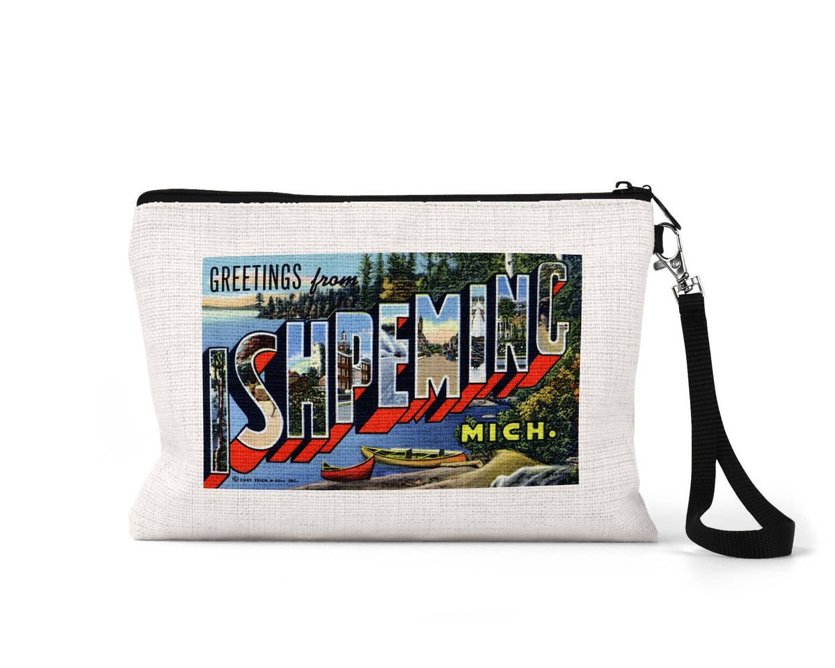 Ishpeming Michigan vintage postcard wristlet travel pouch