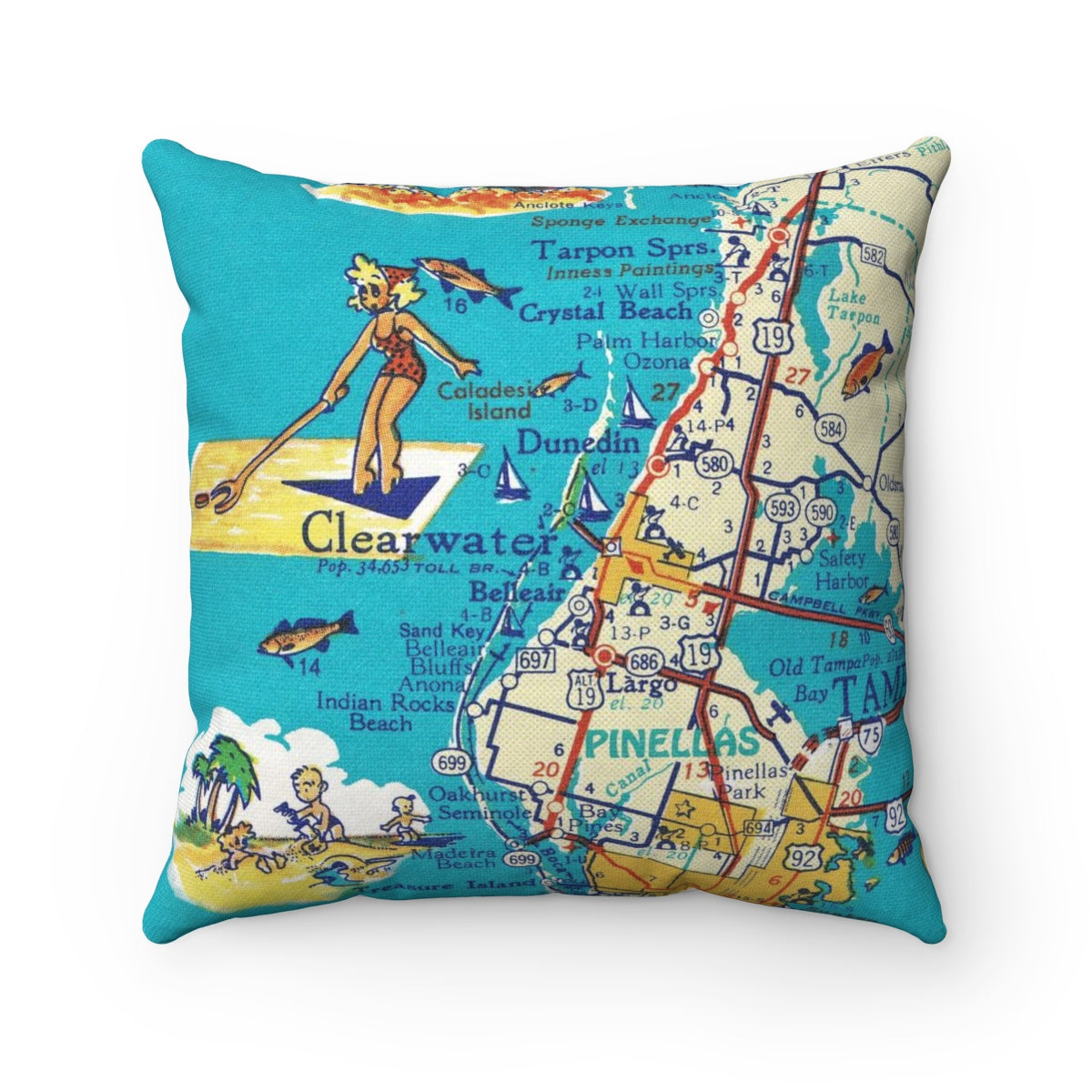 Clearwater Florida vintage map pillow