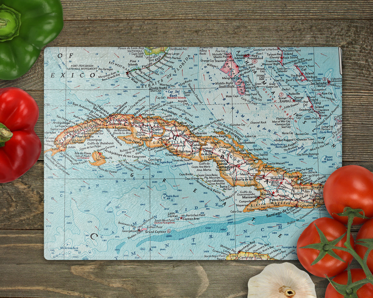 Cuba Vintage Map Glass Cutting Board | Travel Gift