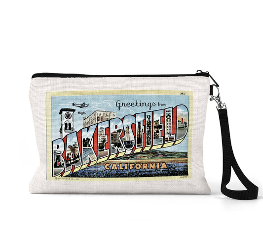 Bakersfield California vintage postcard wristlet travel pouch