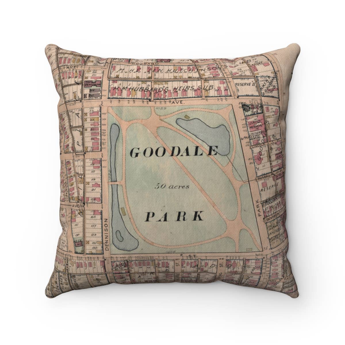 Goodale Park Columbus Ohio vintage map throw pillow