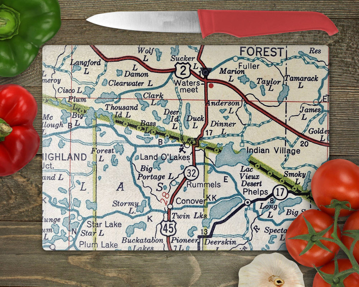 Land O' Lakes Wisconsin vintage map glass cutting board