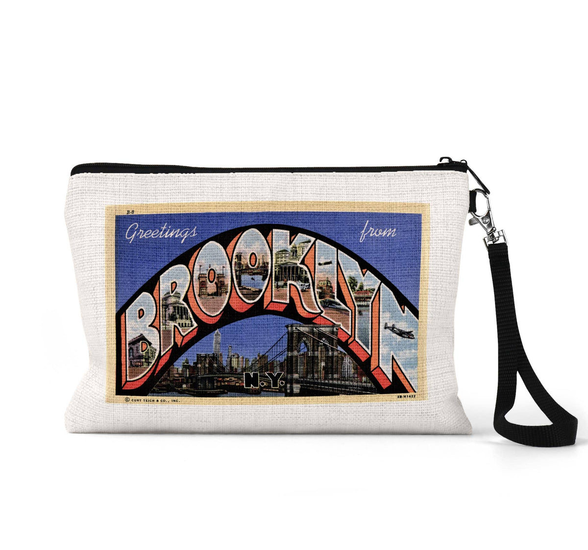 Brooklyn New York vintage postcard wristlet travel pouch