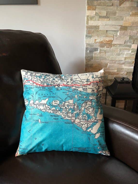 Manitoulin Island vintage map throw pillow