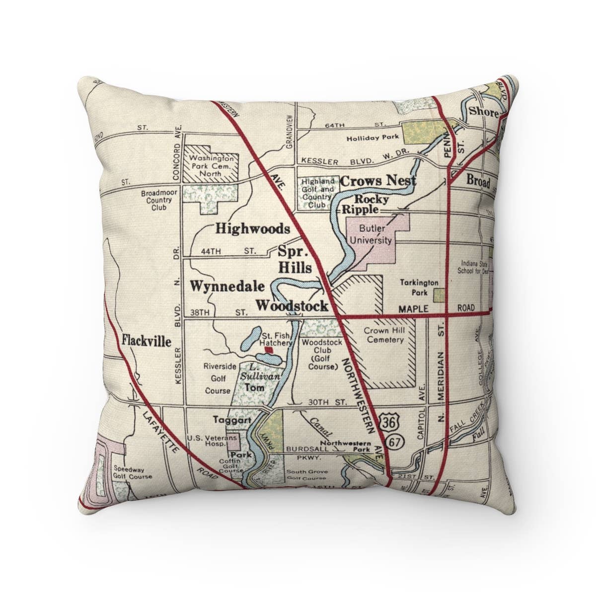Woodstock Indianapolis Indiana vintage map throw pillow