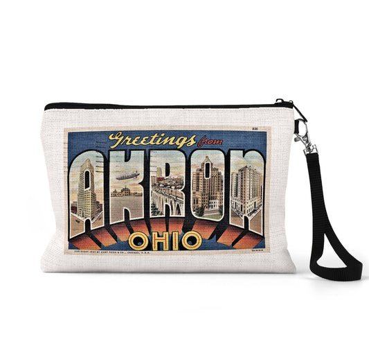 Akron Ohio vintage postcard wristlet travel pouch