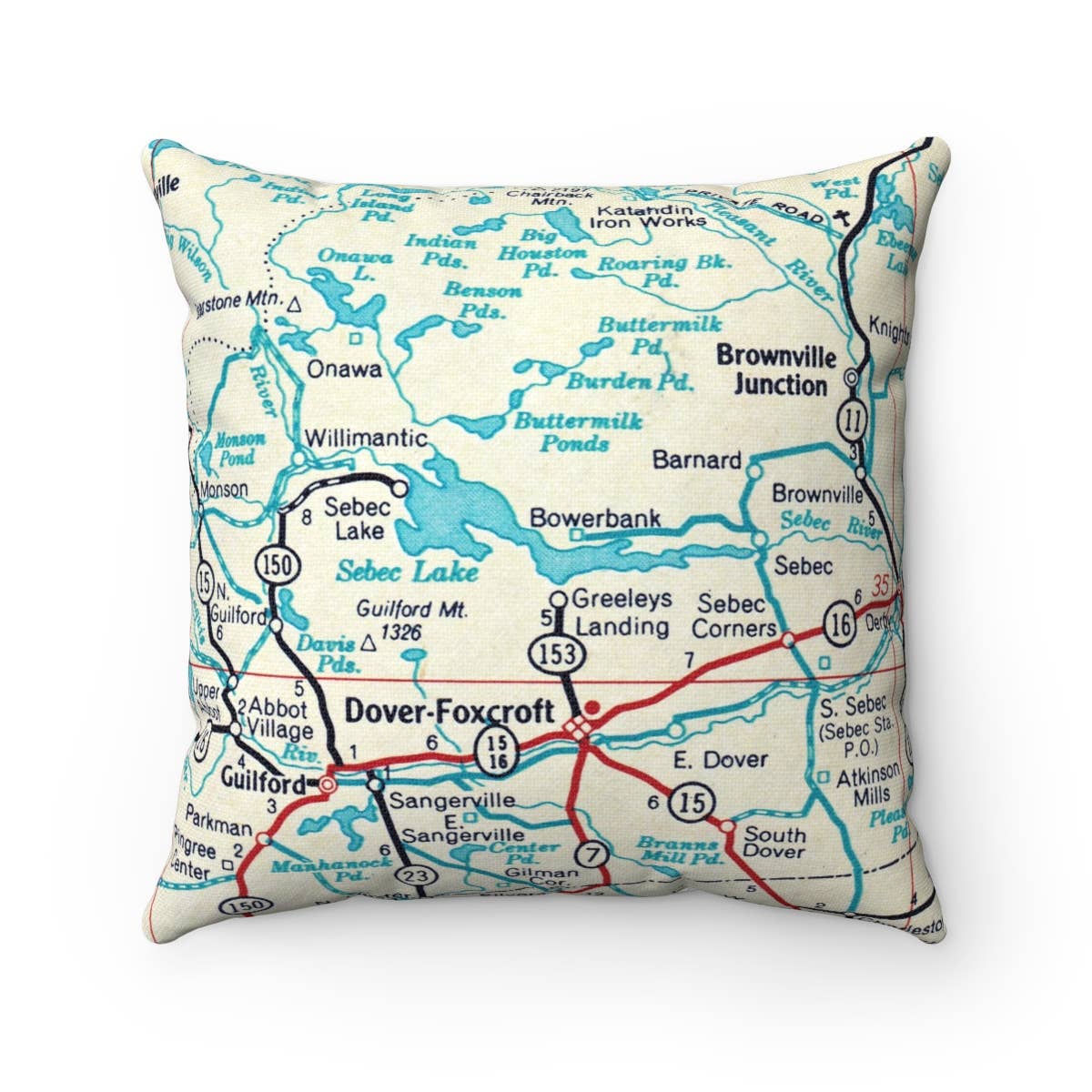 Sebec Lake Maine vintage map throw pillow
