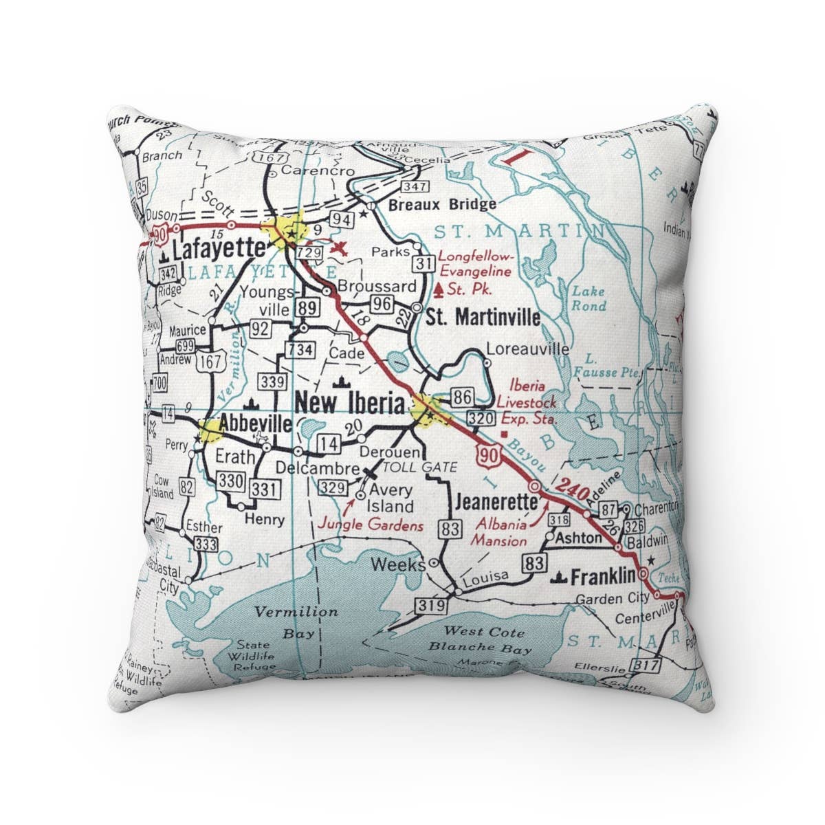 New Iberia Louisiana vintage map throw pillow