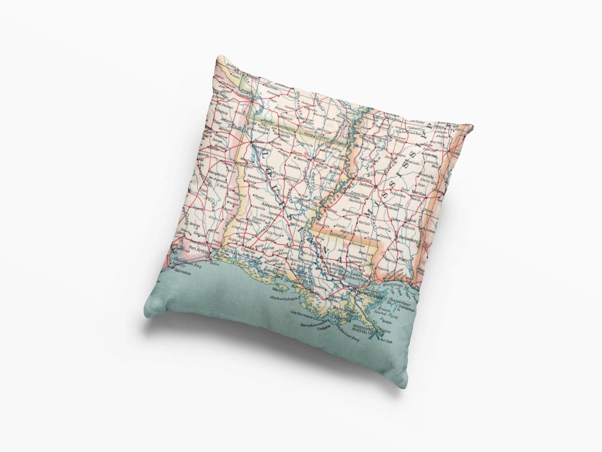 Louisiana Map Pillow | Vintage Louisiana Map Throw Pillow
