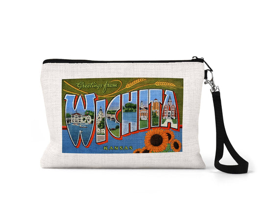 Wichita Kansas vintage postcard wristlet travel pouch
