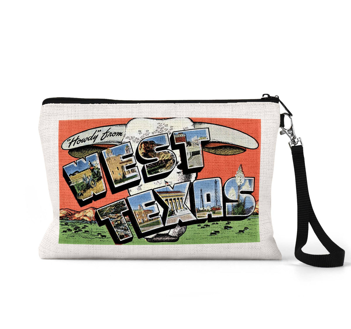 West Texas vintage postcard wristlet travel pouch