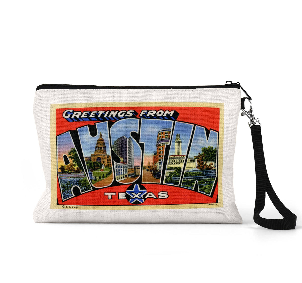 Austin Texas vintage postcard wristlet travel pouch