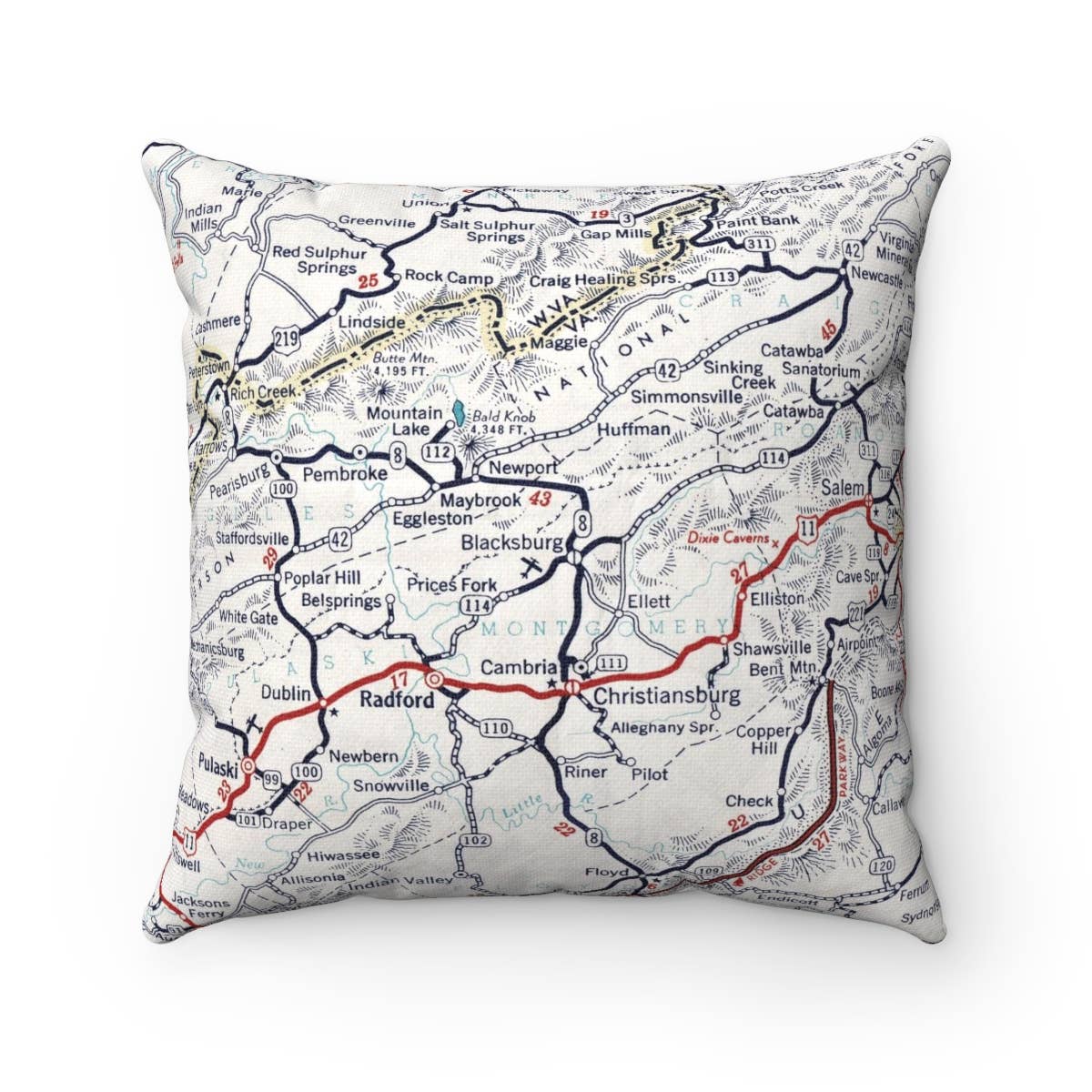 Virginia Tech Blacksburg vintage map throw pillow