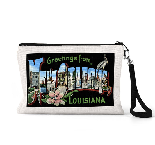 New Orleans Louisiana vintage postcard wristlet travel pouch