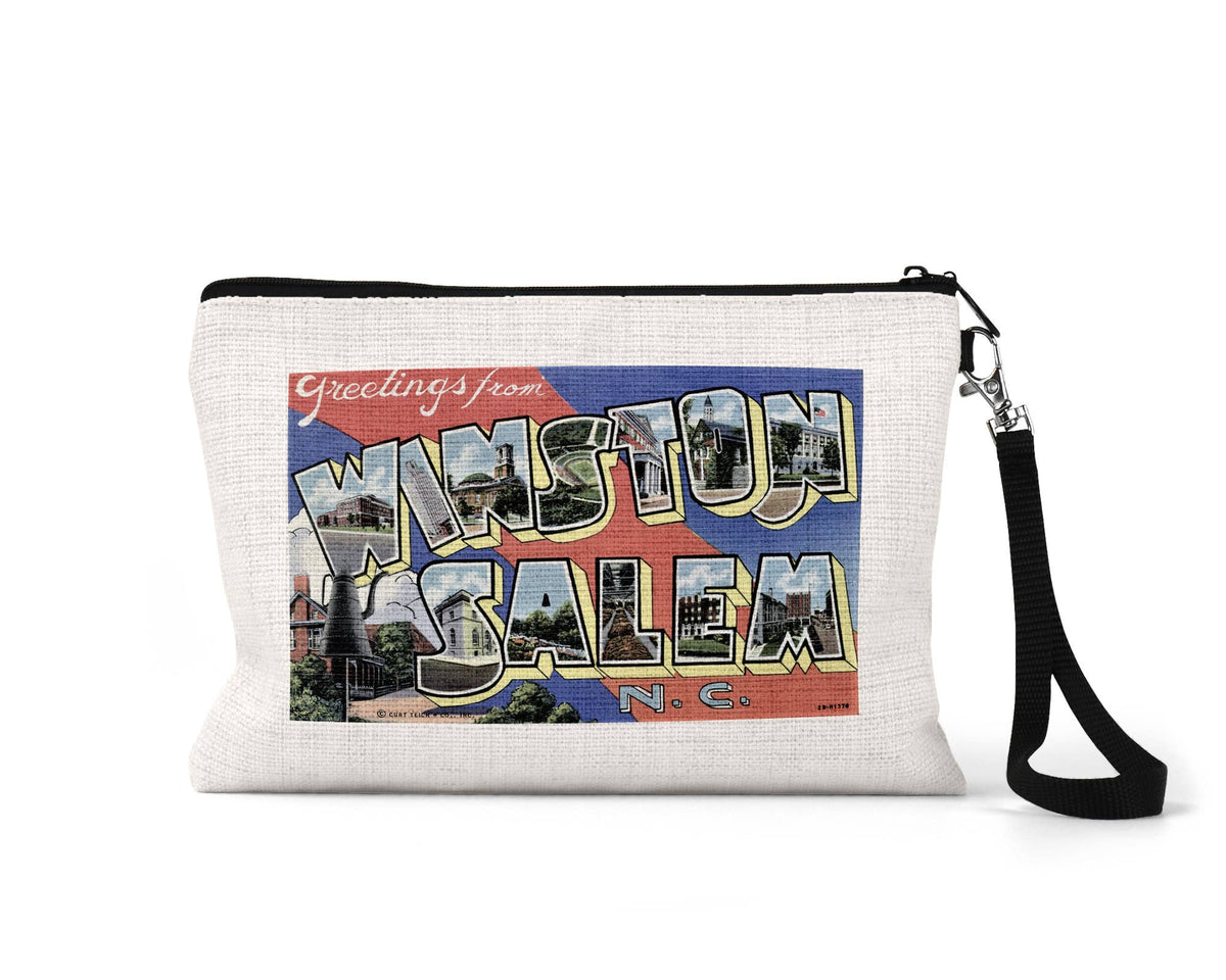 Winston Salem North Carolina vintage postcard wristlet travel pouch