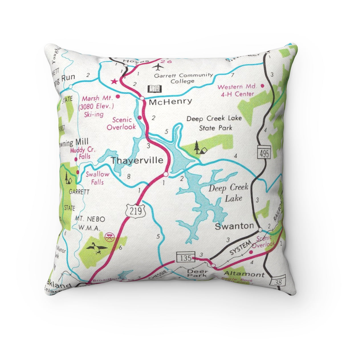 Deep Creek Lake Maryland vintage map pillow