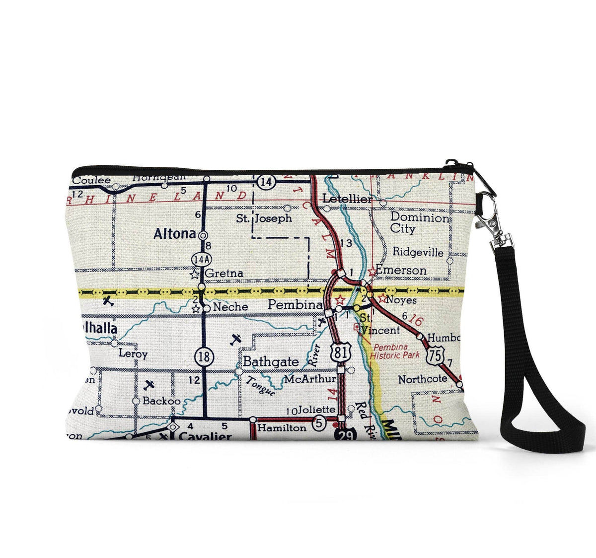Neche Pembina North Dakota map wristlet travel pouch