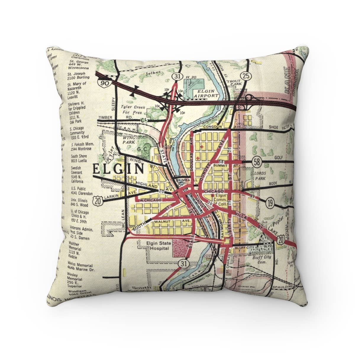 Elgin Illinois vintage map throw pillow
