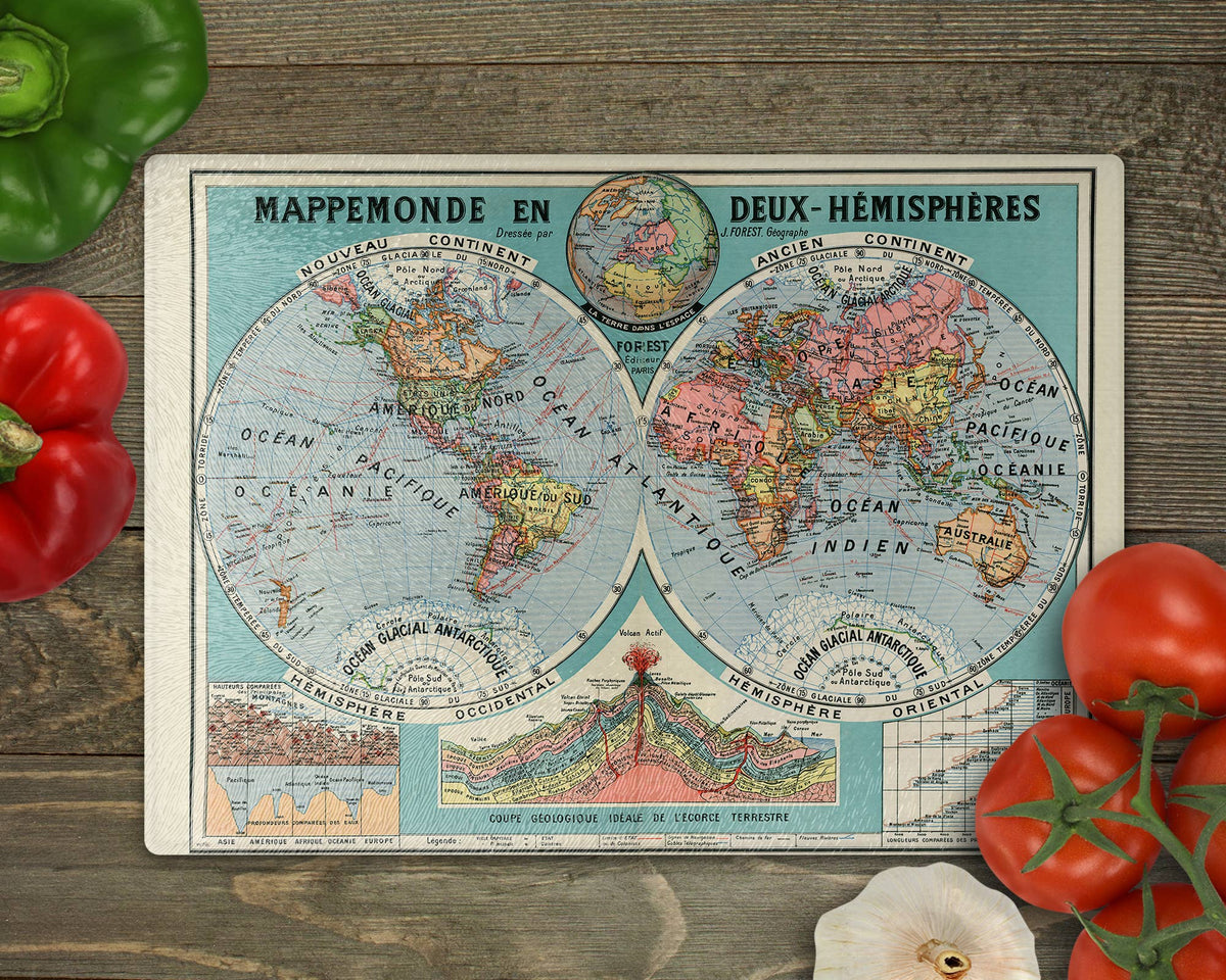 French World vintage map glass cutting board