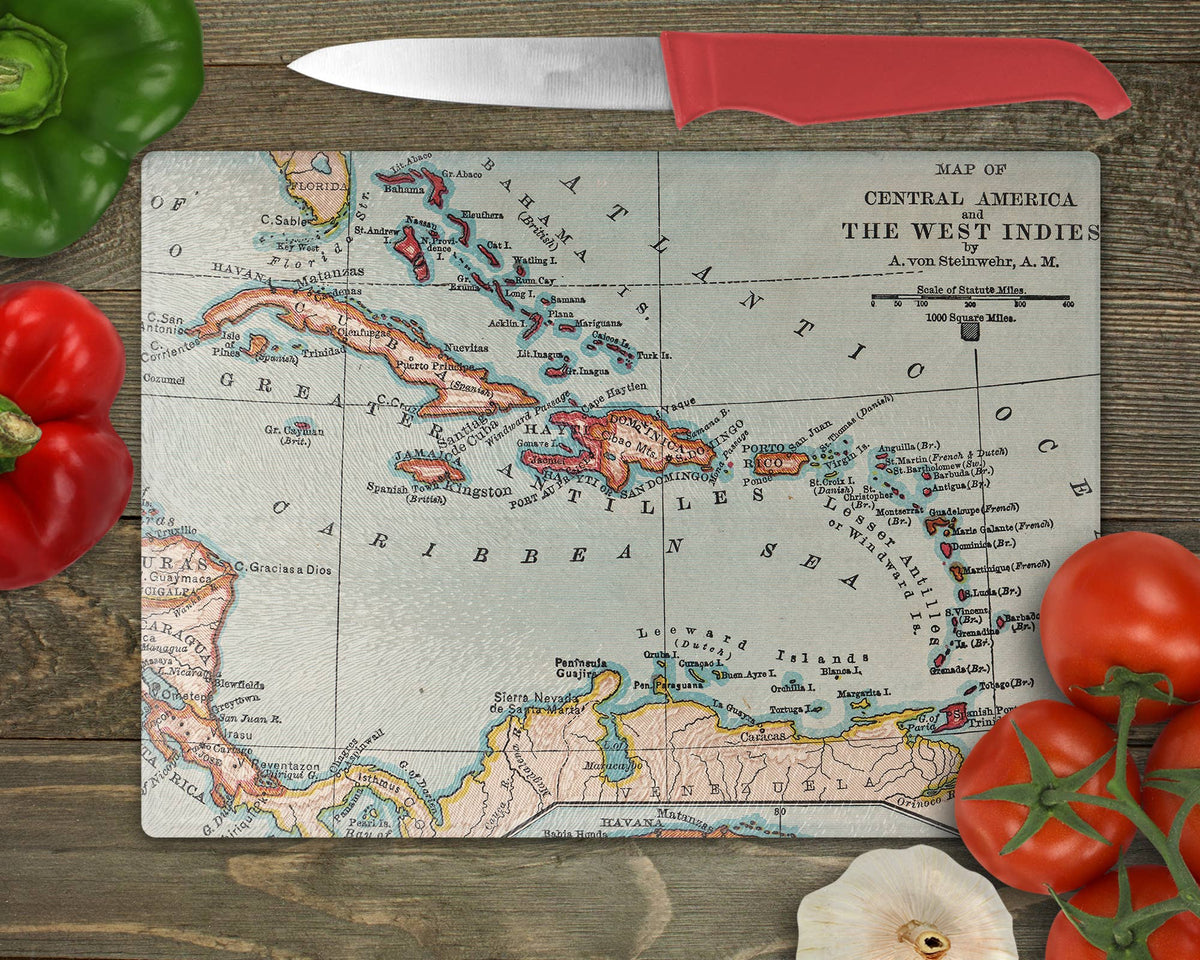 Caribbean vintage map glass cutting board