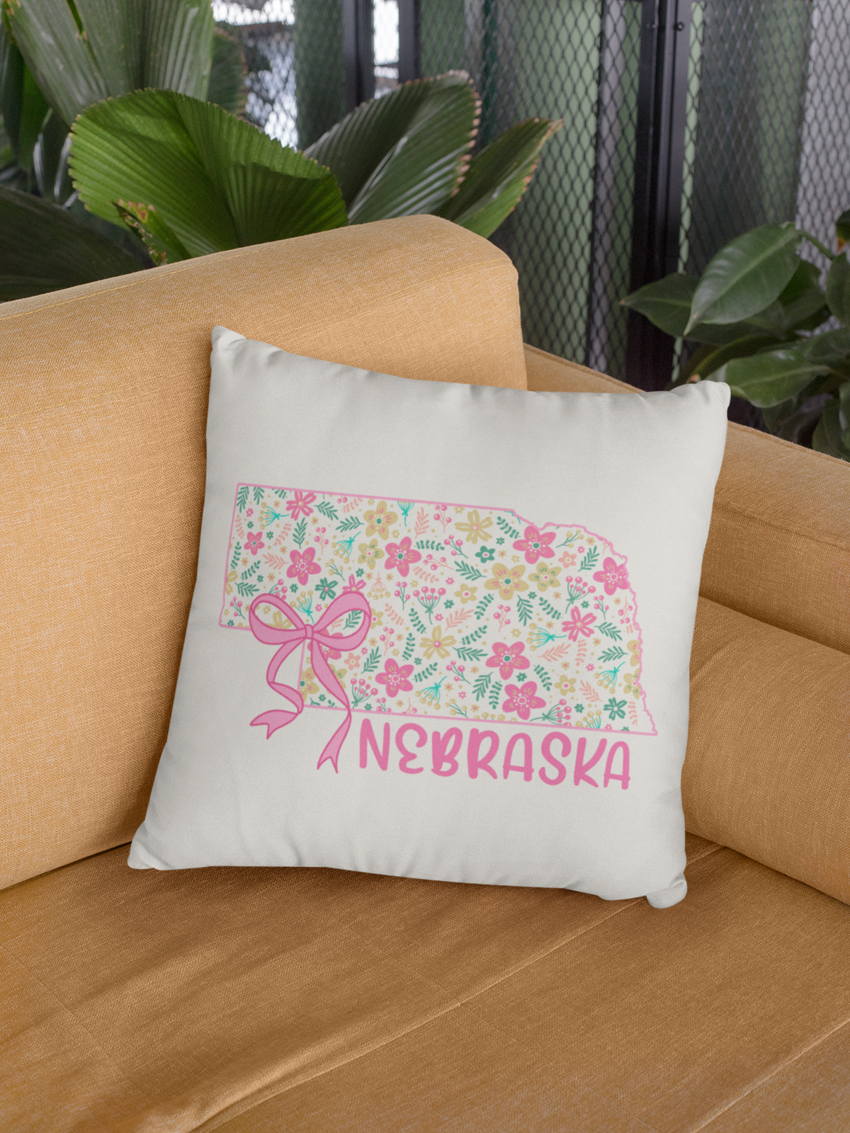 Nebraska coquette floral bow throw pillow