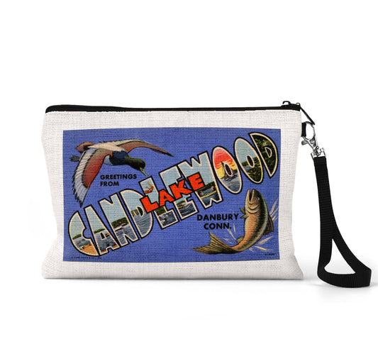 Candlewood Lake Connecticut vintage postcard wristlet travel pouch
